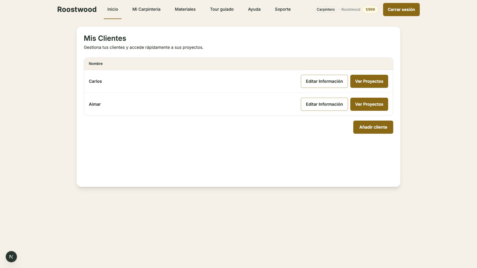 My Clients screen with the list of existing records and the Add client button in the bottom-right corner