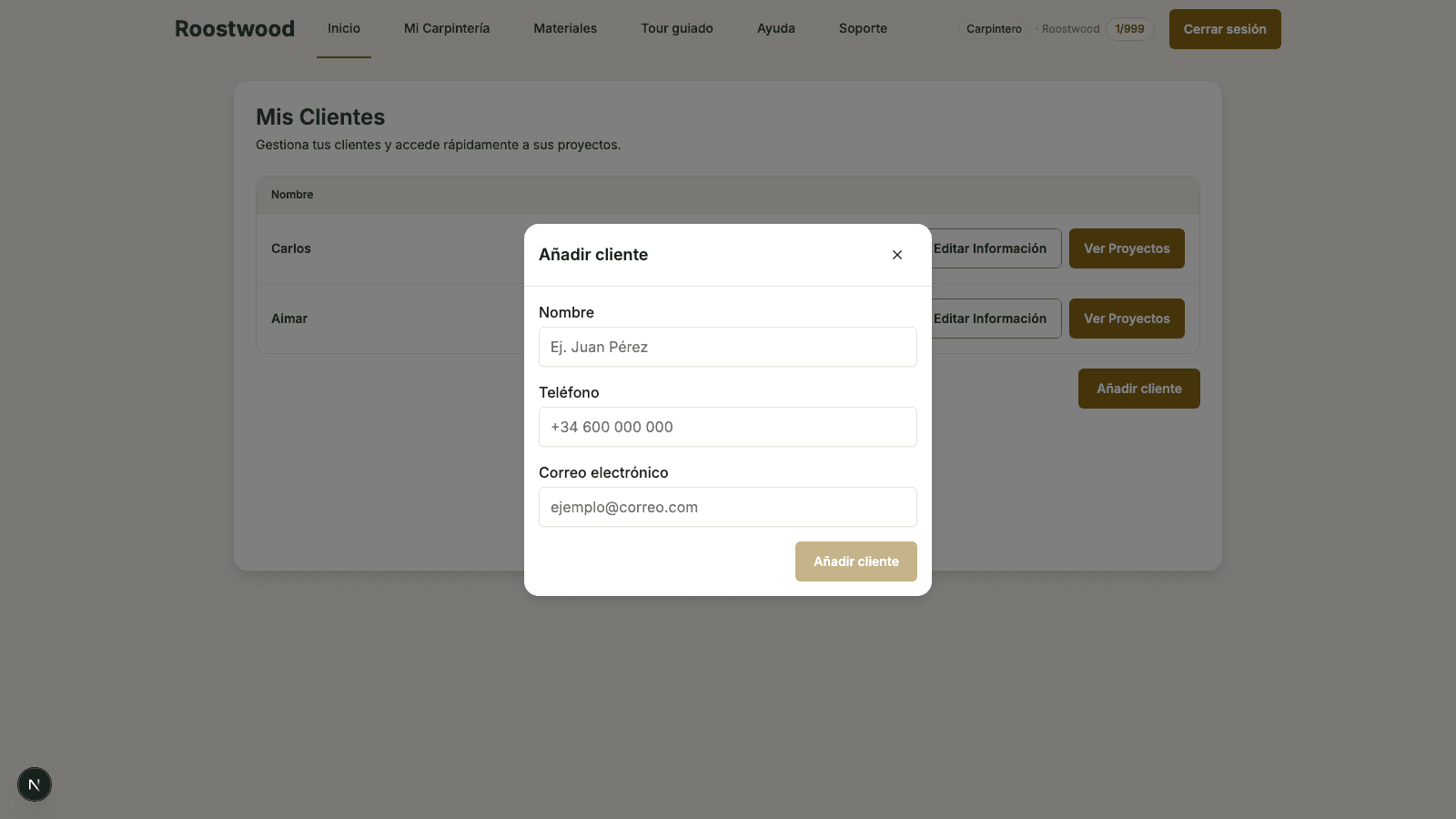 Empty Add client modal with the Name, Phone and Email fields