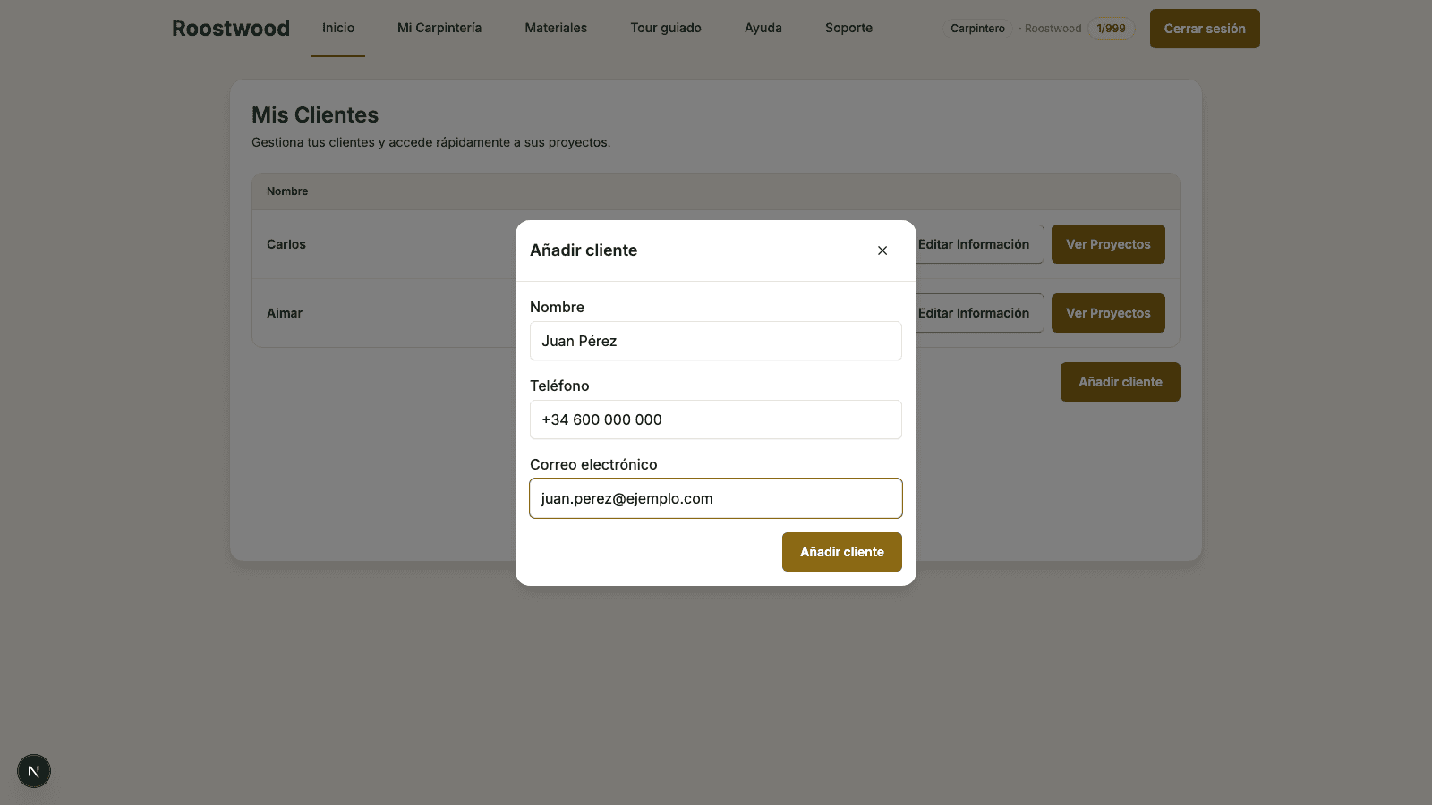 Add client modal with the fields filled in with sample data