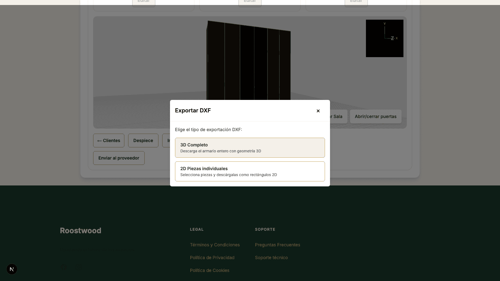 Modal de exportación DXF con la opción de descargar el archivo