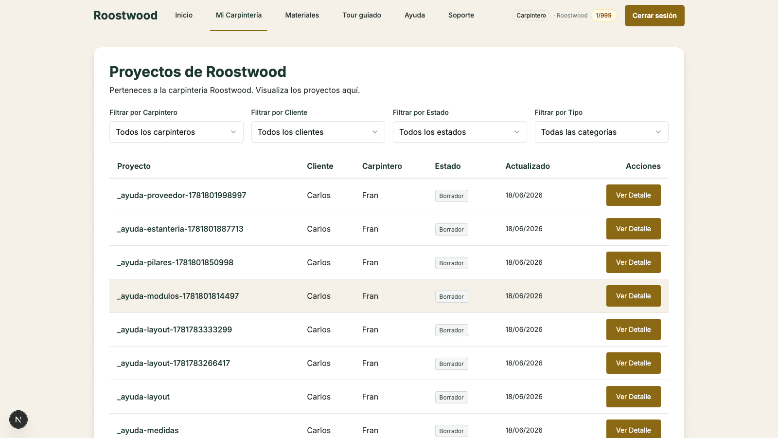 Workshop panel with the team's project list and the filters by carpenter, client and status