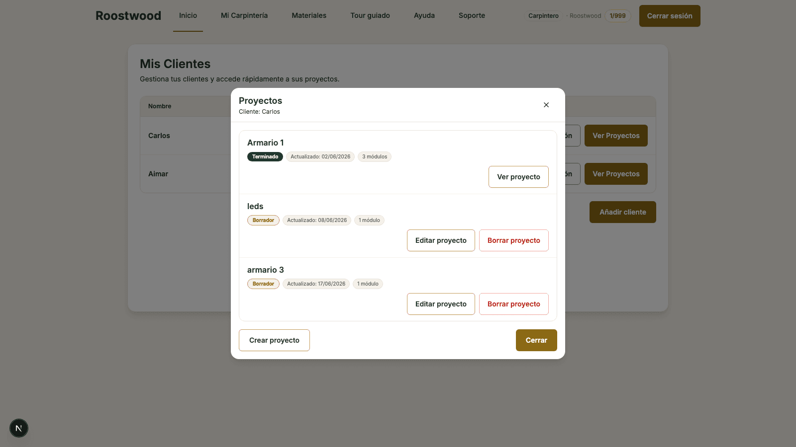 Modal Proyectos con la lista de proyectos del cliente Carlos: Armario 1 terminado, leds y armario 3 en borrador