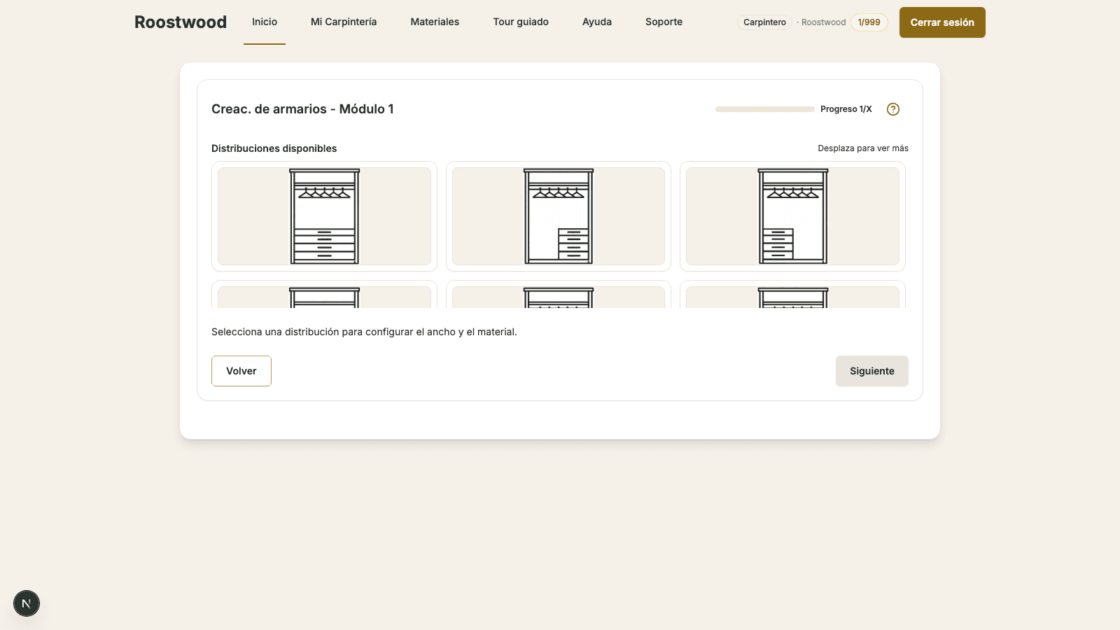 Grilla de Distribuciones disponibles del Módulo 1 con seis layouts visibles y el aviso Selecciona una distribución para configurar el material