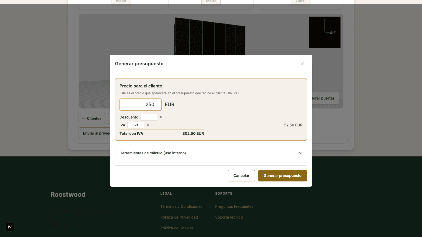 Modal Generar presupuesto con campos Precio para el cliente 250 EUR, Descuento vacío, IVA 21% y Total con IVA 302.50 EUR