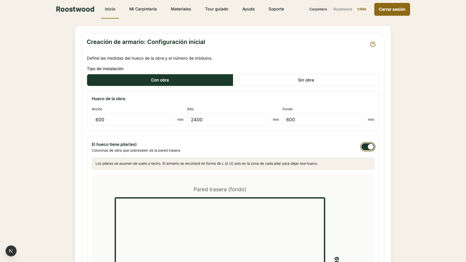 Panel de pilares desplegado con campos Profundidad, Posición horizontal, Posición vertical y botón Añadir pilar